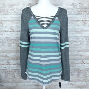 Derek Heart Top Raglan Striped Tee Green 194